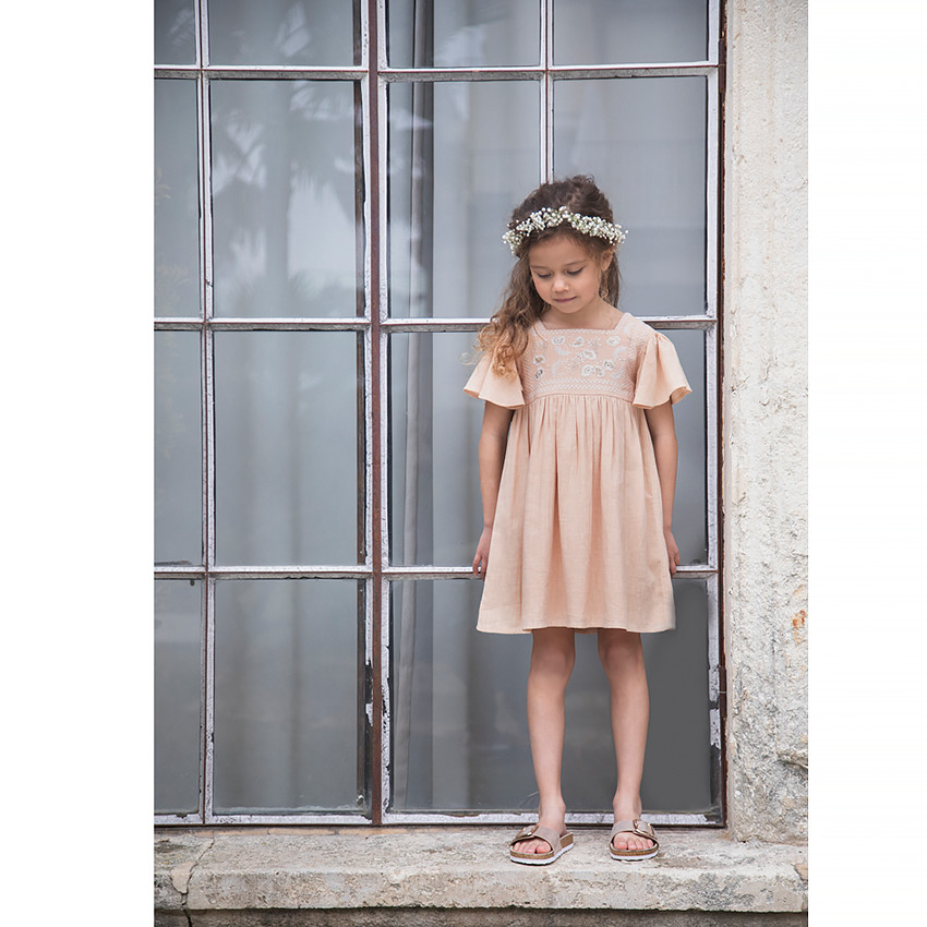 Robe de cérémonie manches courtes volantées et broderies pour fille 