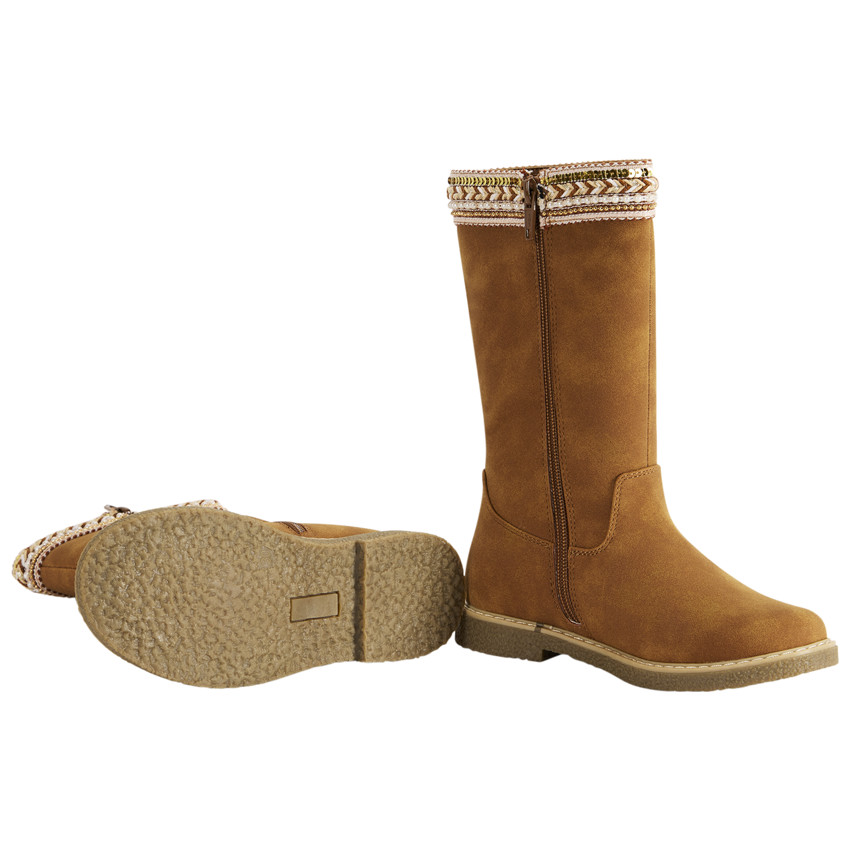 Bottes marron à zip et galon textile avec perles et sequins pour fille 