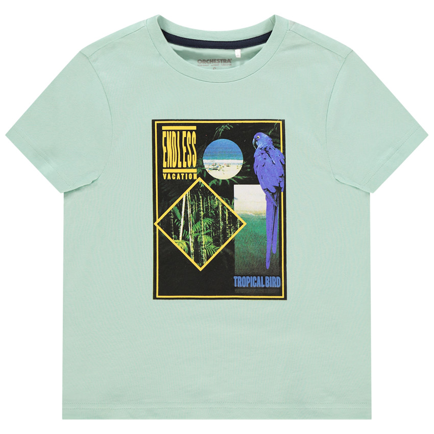 T-shirt manches courtes bleu à motif esprit jungle