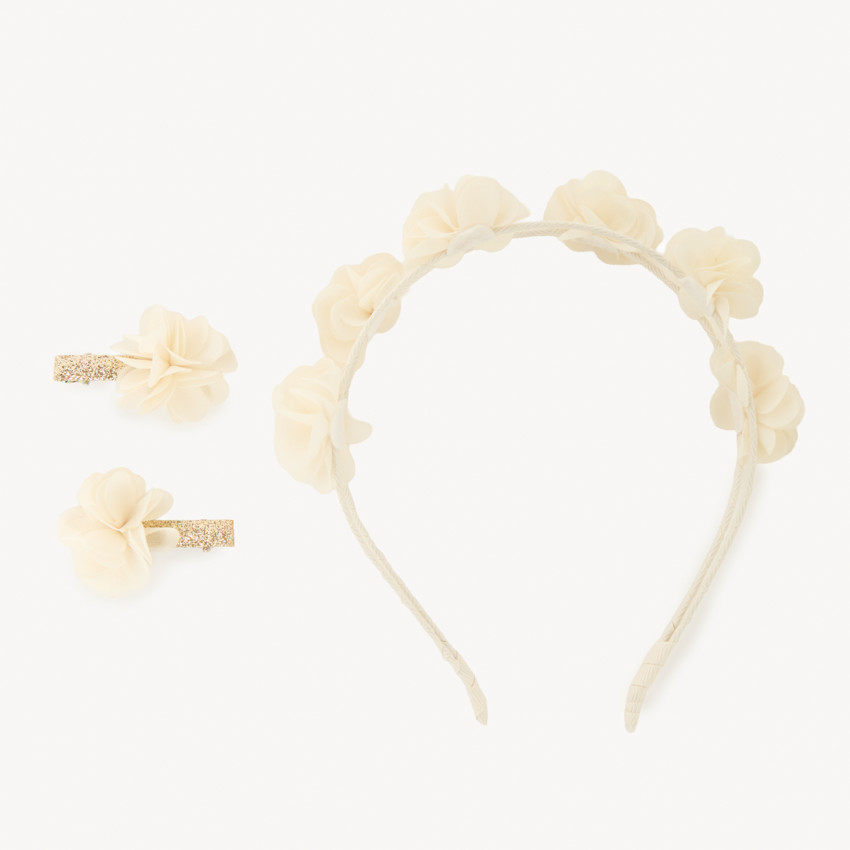 Set serre-tête + 2 barrettes à fleurs 3D pour fille