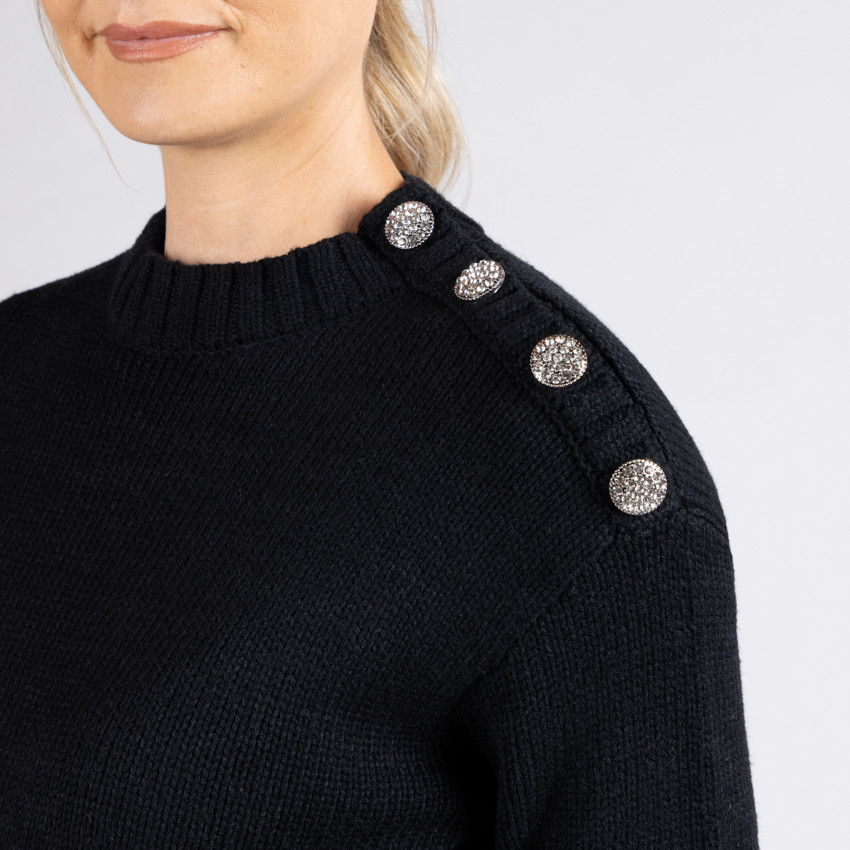 Pull en tricot uni avec boutons bijoux pour femme 