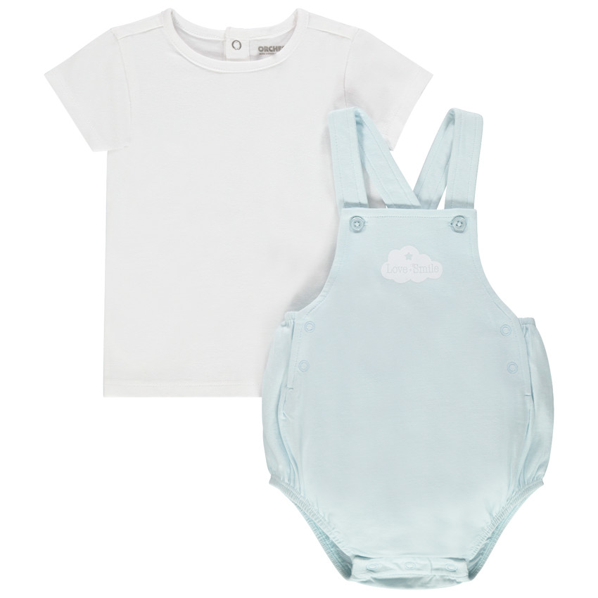 Ensemble t-shirt manches courtes et salopette bleue en coton 