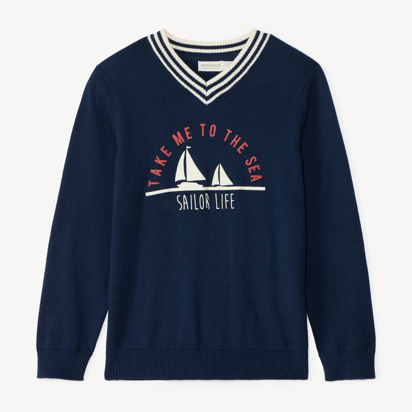 Pull à manches longues à col V print bateau pour garçon