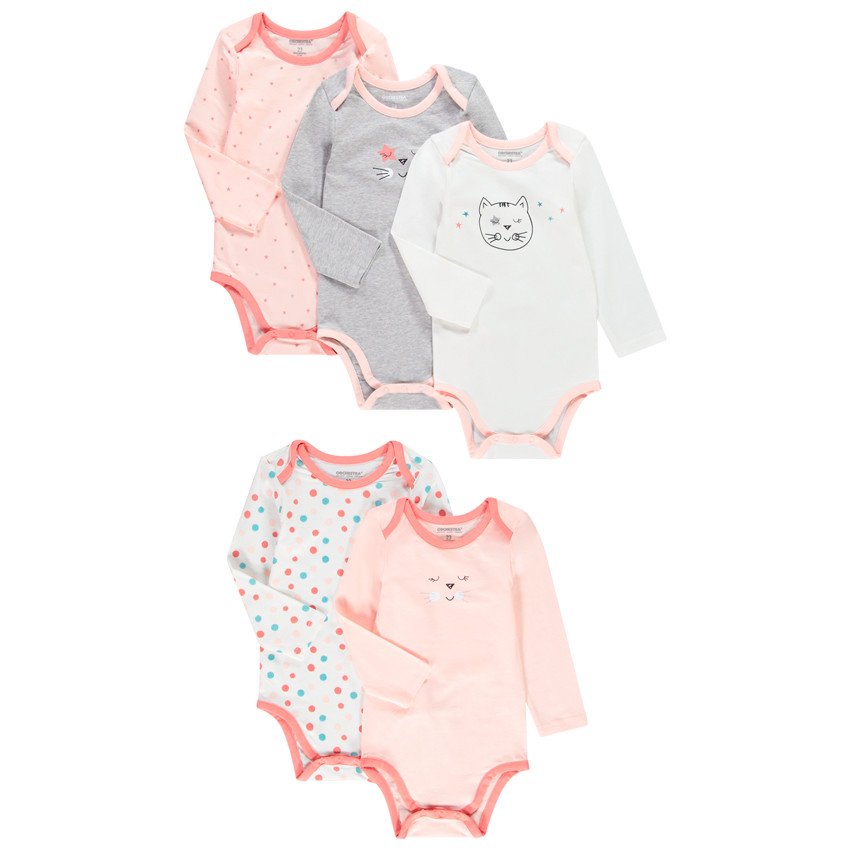Lot de 5 bodies manches longues imprimés en coton pour bébé fille 