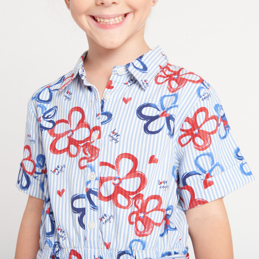 Robe chemise manches courtes imprimée fleurs avec rayures pour fille 