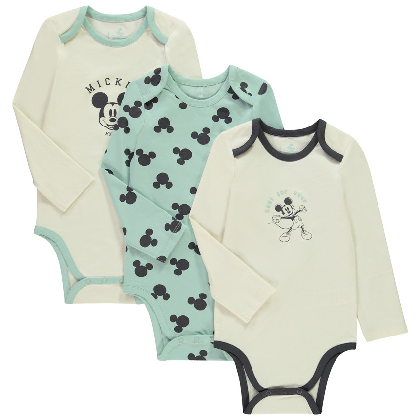 Lot de 3 bodies manches longues Mickey Disney pour bébé garçon avec ouvertures différentes selon l'âge 