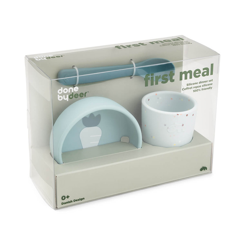 Coffret premier repas en silicone bleu 