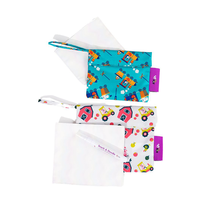 Set de 2 sacs à goûter Snack & Doodle avec tapis de dessins à l&#39;eau Ferme/Trains