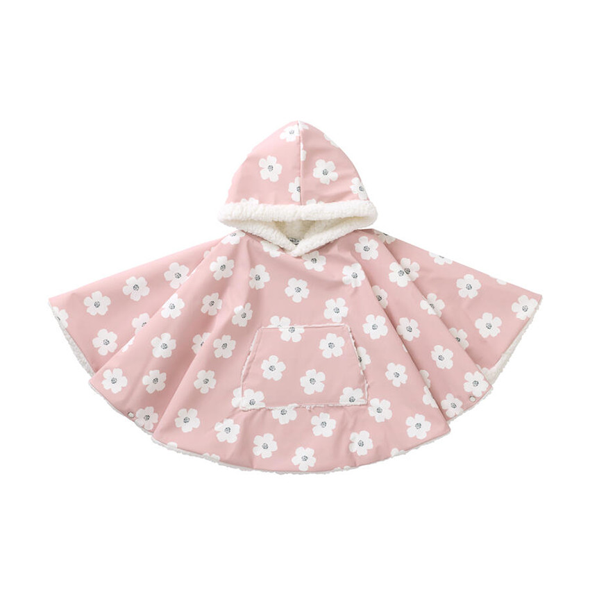 Poncho ciré à capuche doublé sherpa imprimé fleurs rose