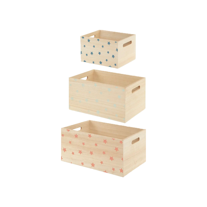 Lot de 3 cagettes en bois imprimé étoiles 