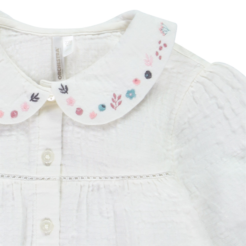 Tunique manches longues unies à col claudine brodée pour bébé fille 