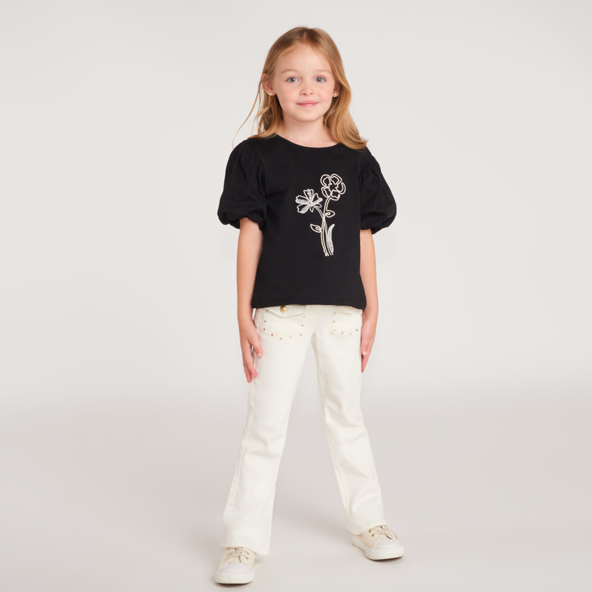 T-shirt manches courtes fille fleurs en cording