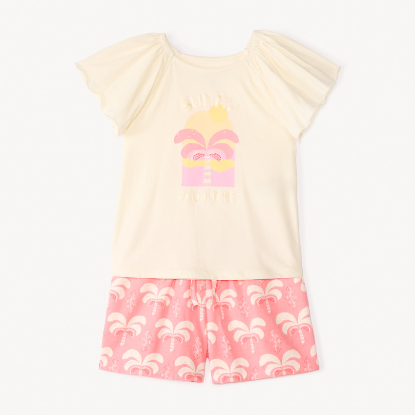 Ensemble 2 pièces t-shirt manches courtes + short motifs palmier fille