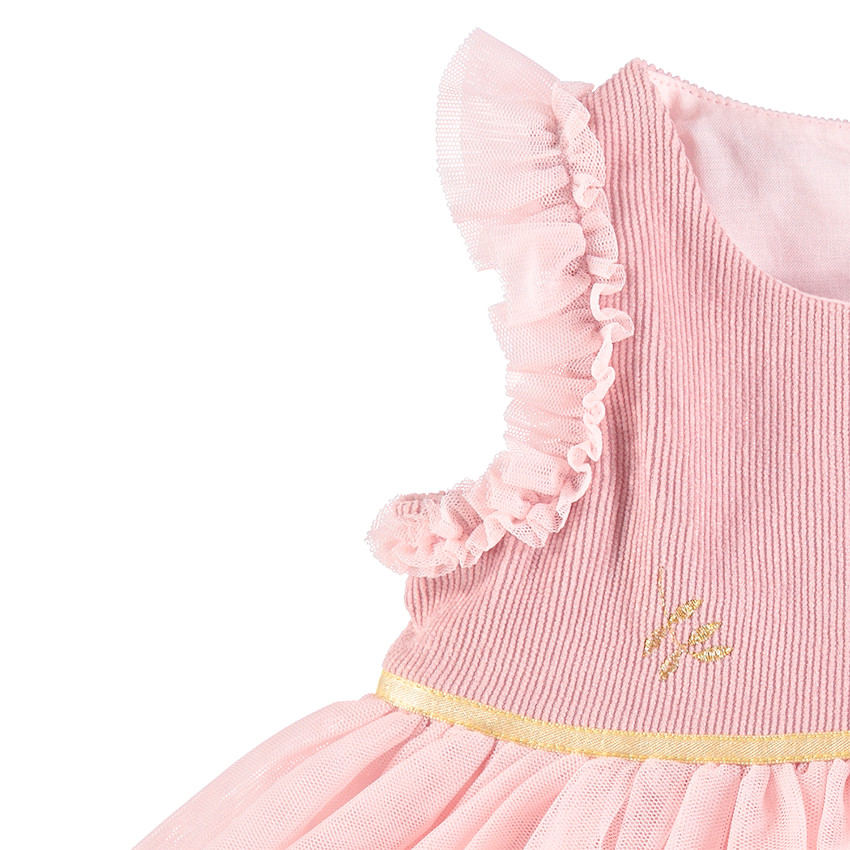 Robe de fête rose bi-matière avec tulle et volants 