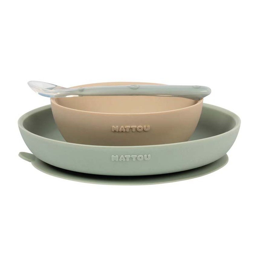 Coffret repas en silicone 3 pièces - Sable/Vert Main Coffret repas en silicone 3 pièces - Sable/Vert