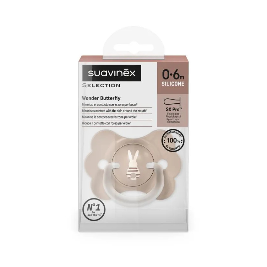 Sucette à tétine physiologique en silicone SX PRO Wonderland Papillon 0-6M décorée en beige 