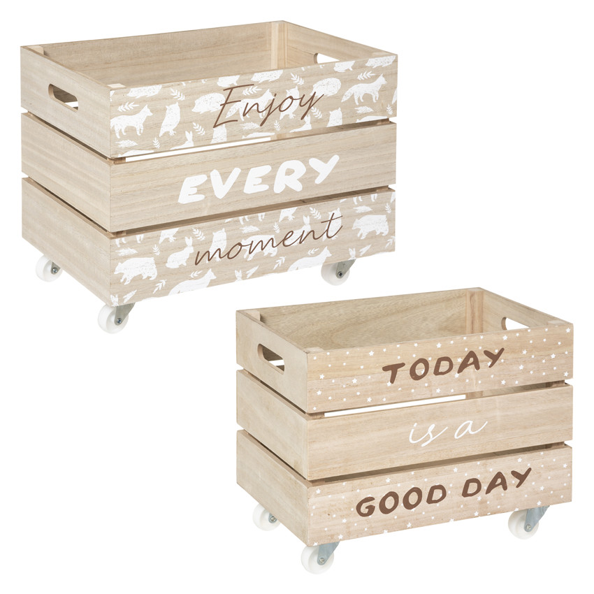 Lot de 2 cagettes XL sur roulettes - Bois/Blanc 