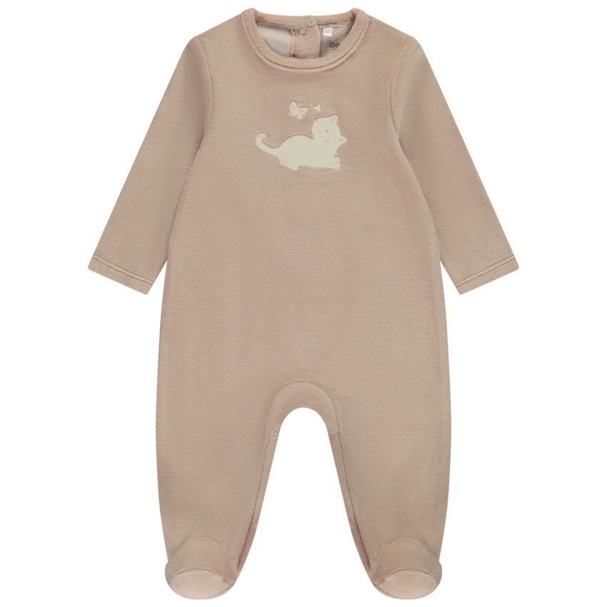 Dors-bien en velours uni beige avec chat fantaisie pour bébé