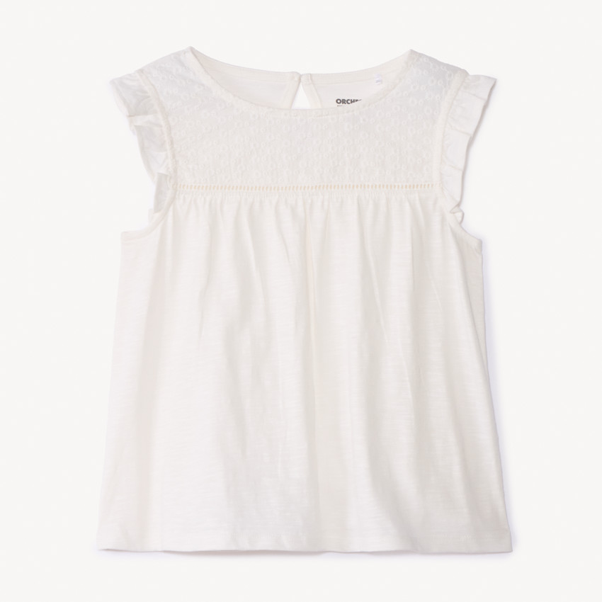 T-shirt manche courtes en jersey slub et broderie anglaise pour fille 