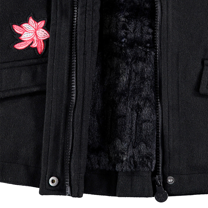 Manteau en drap de laine doublé sherpa avec fausse fourrure et fleurs patchées 