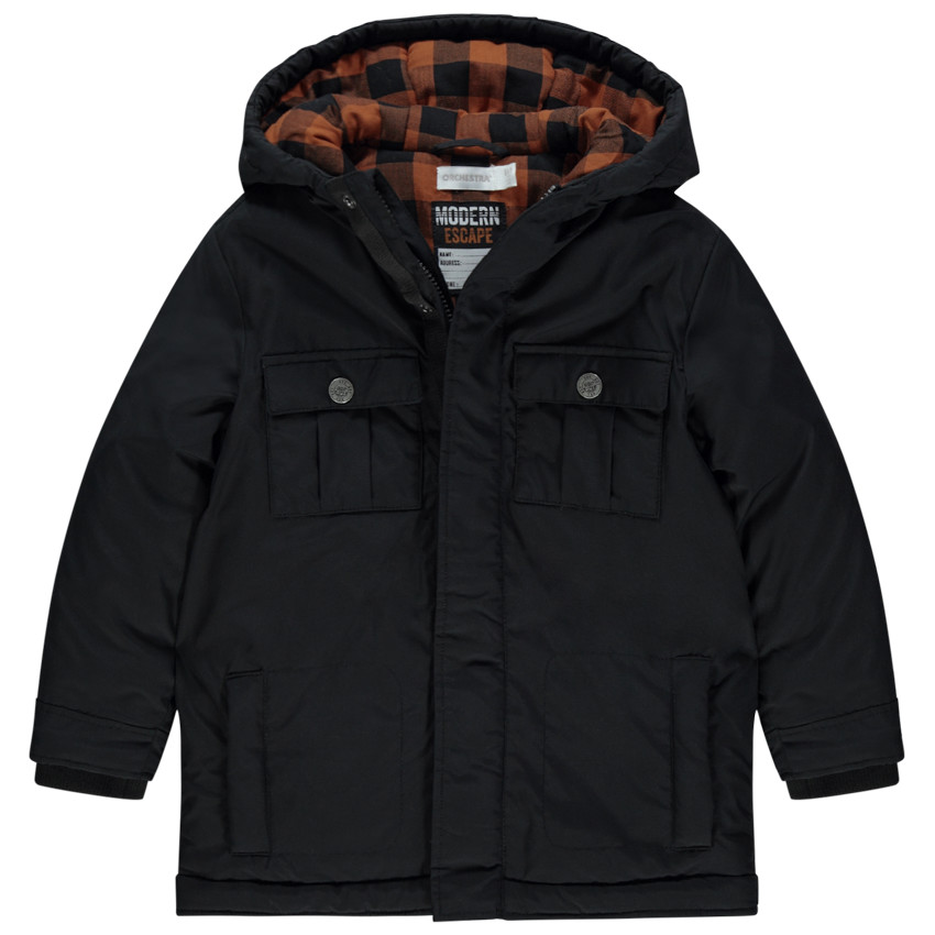Parka noire doublée flanelle à carreaux pour enfant garçon 
