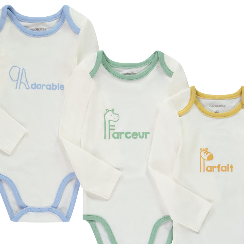 Lot de 5 bodies manches longues prints adjectifs pour bébé garçon avec ouvertures différentes selon l'âge 