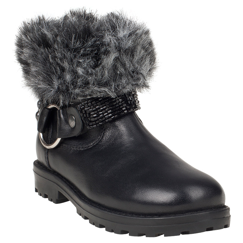 Bottines noires en cuir avec col en fausse fourrure 