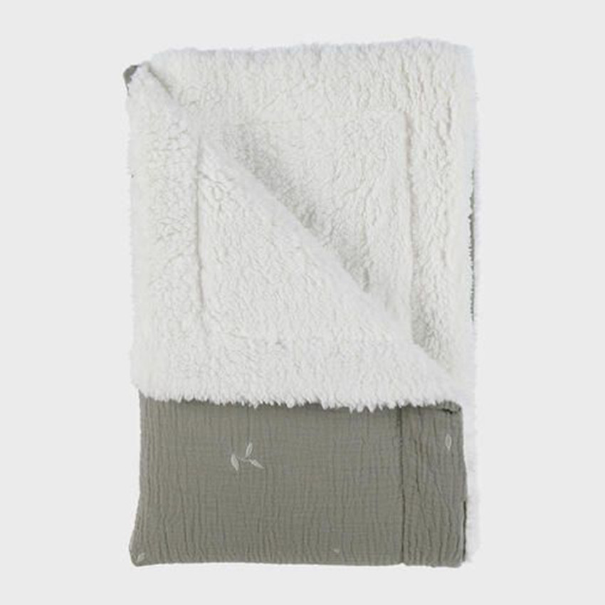 Couverture mousseline brodé feuille 75x100cm Sherpa Kaki 