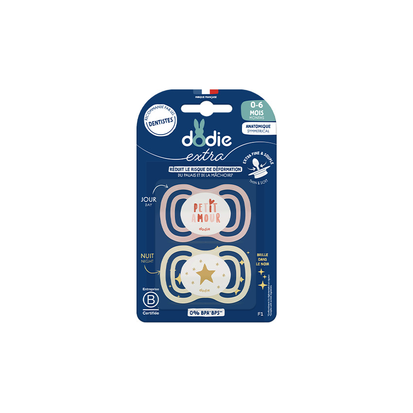 Lot de 2 sucettes en silicone anatomique extra fine jour et nuit 0-6M (modèle aléatoire) 