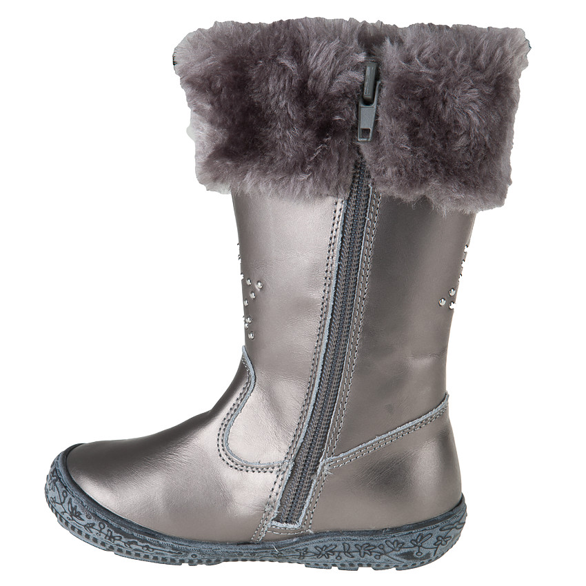 Bottes argentées en cuir avec col fausse fourrure et rivets 