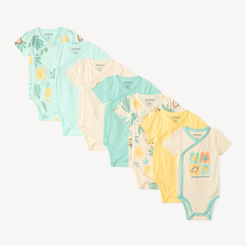 Lot de 7 bodies manches courtes motifs jungle pour bébé garçon (ouvertures différentes selon l'âge)