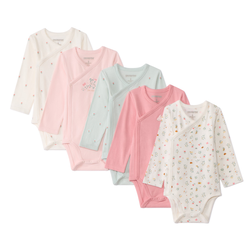 Lot de 5 bodies manches longues fantaisie pour bébé fille avec ouvertures différentes selon l'âge