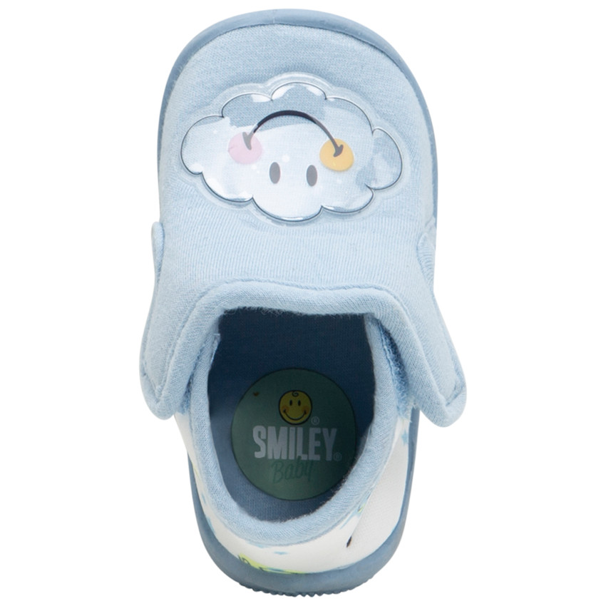 Chaussons bleus en jersey avec patch nuage plastifié et imprimé Smiley 
