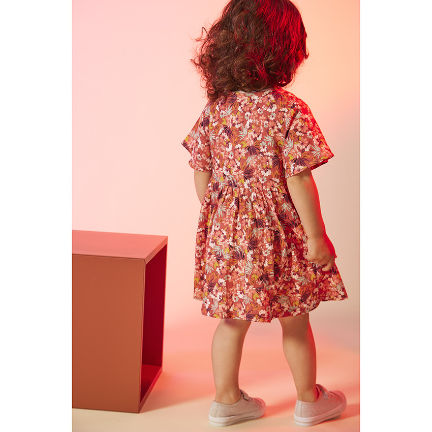 Robe manches courtes en toile imprimé fleuri pour bébé fille 