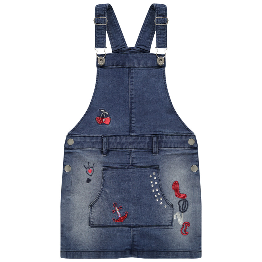 Robe salopette en jean à poche kangourou et motifs brodés 