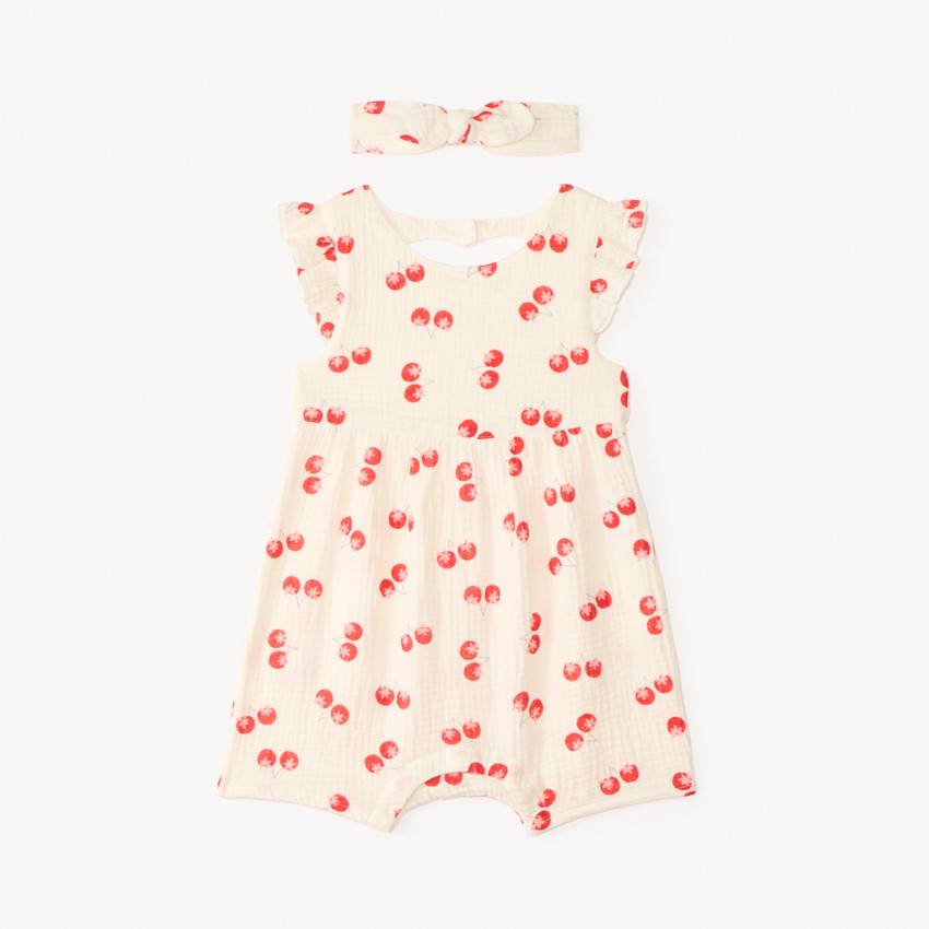 Combinaison courte imprimée cerises + bandeau nœud pour bébé fille