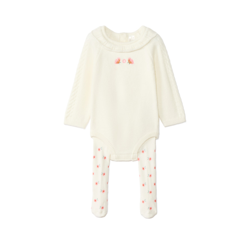 Ensemble barboteuse + collants en tricot pour bébé fille 