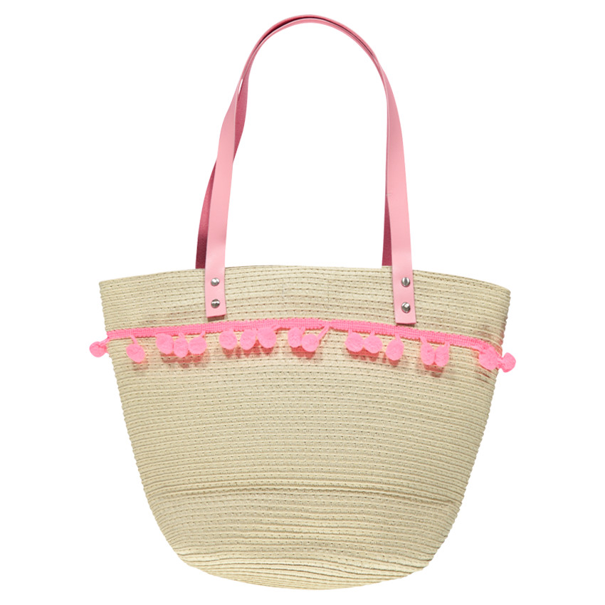 Sac en paille avec message brodé et anses roses 