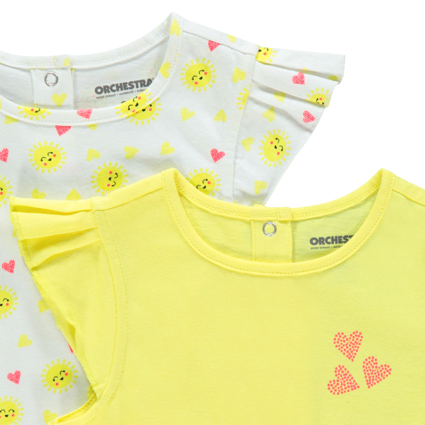 Lot de 2 t-shirts en coton bio uni/imprimé all-over à manches volantées 