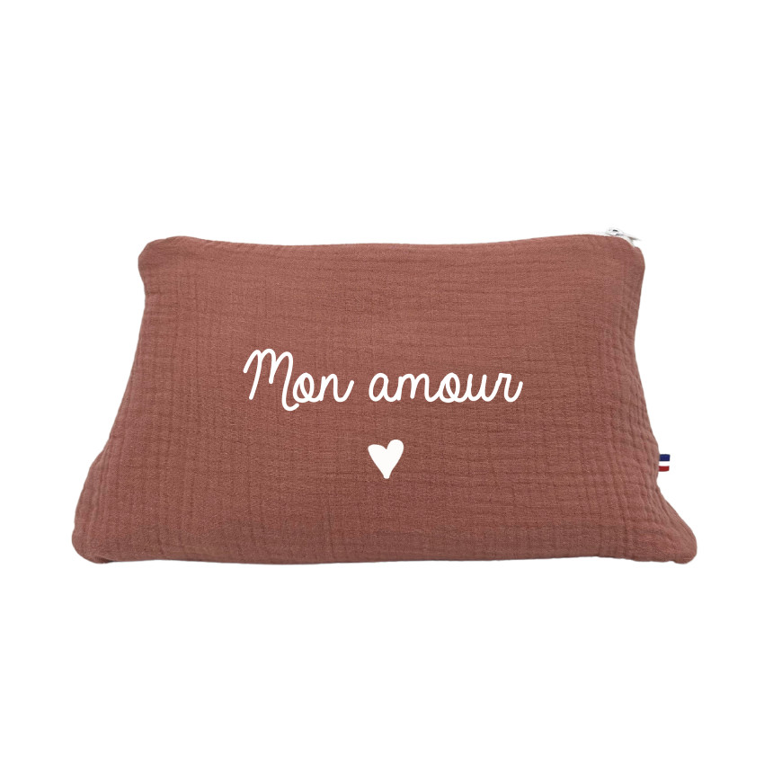 Trousse de toilette en gaze de coton "Mon amour" - Vieux rose 