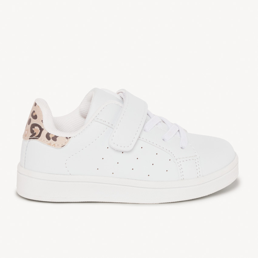 Baskets basses à lacets élastiques + velcros et arrière léopard pour bébé fille 