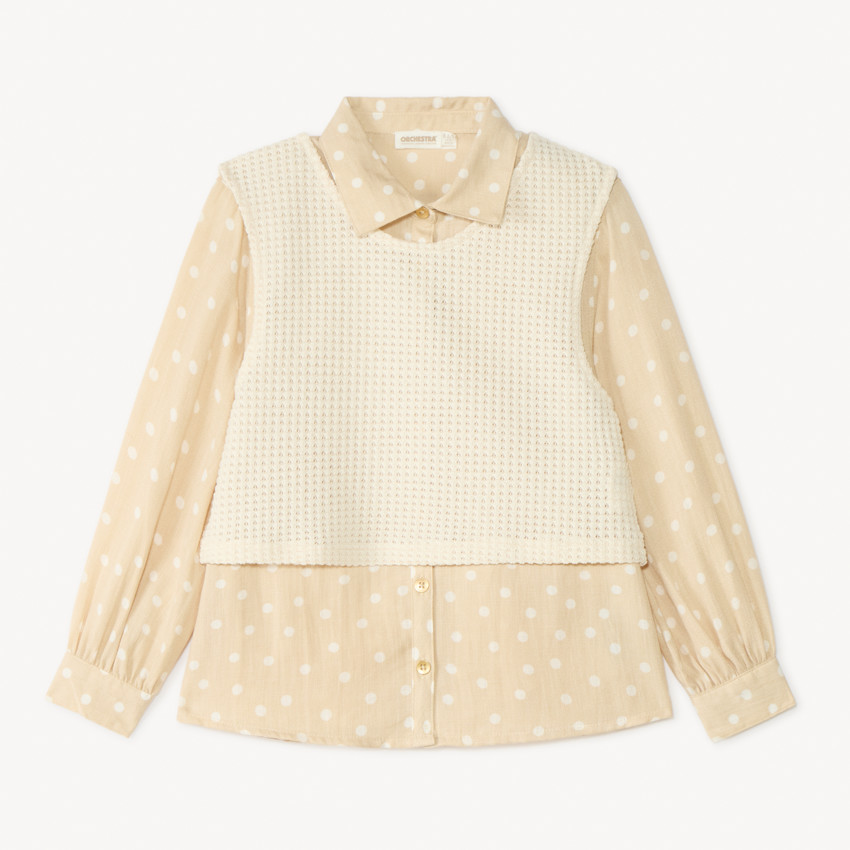 Chemise manches longues à pois + pull en maille uni pour fille 