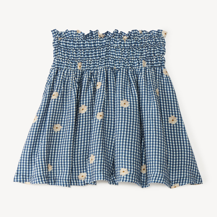Jupe fille vichy smockée et broderie fleurie