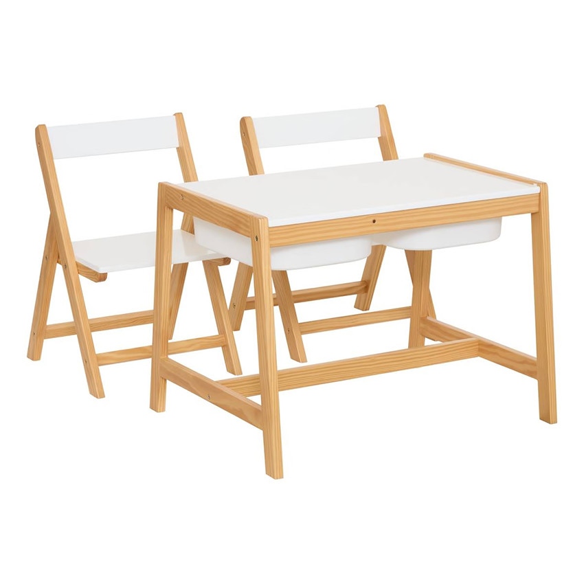 Bureau enfant Bako avec 2 tiroirs et 2 chaise - Blanc/Bois naturel 