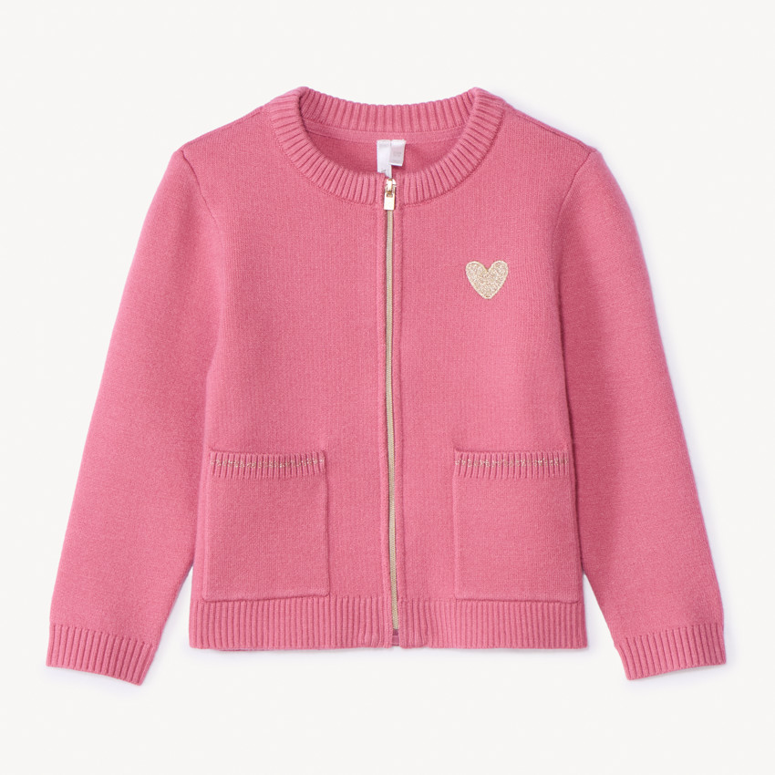 Gilet zippé en tricot coupé-cousu pour bébé fille - Rose