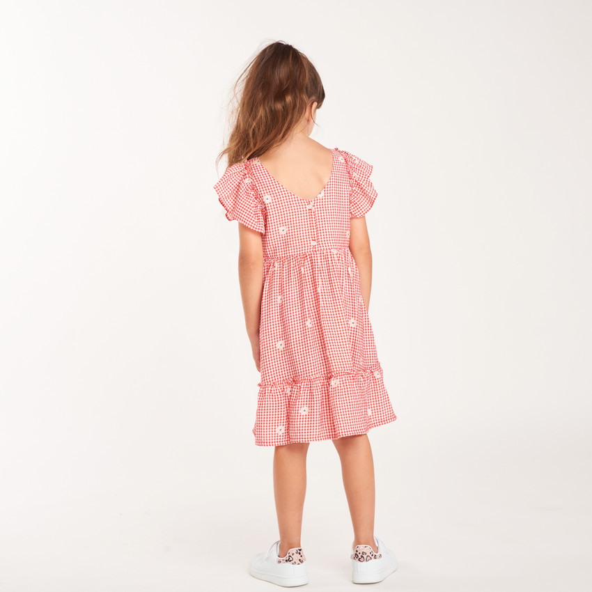 Robe fille à motif vichy et manches courtes volantées 