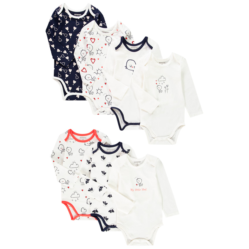 Lot de 7 bodies manches longues en coton print oiseau pour bébé fille 