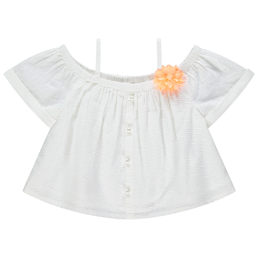 Top court en maille fantaisie avec fleur orange pour fille 
