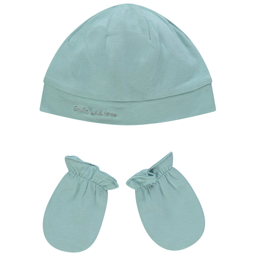 ensemble bonnet et moufles en coton pour bébé garçon - vert moyen