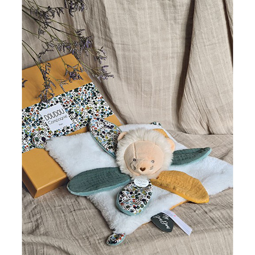 Doudou Lion jaune plat avec pétales Boh'Aime 27cm 